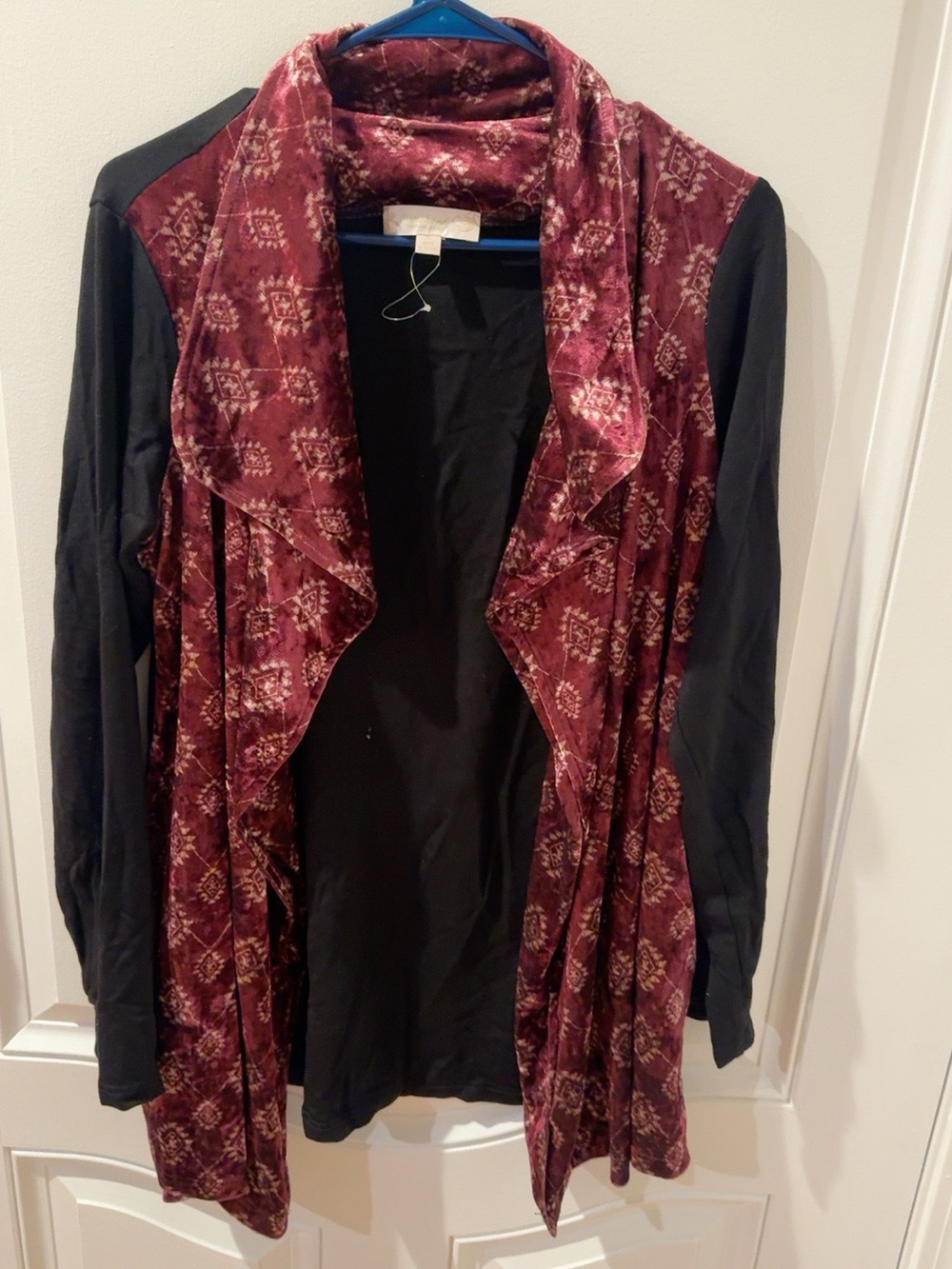 Weekend Soul Boho Draped Cardigan Medium Black Burgundy Open Front